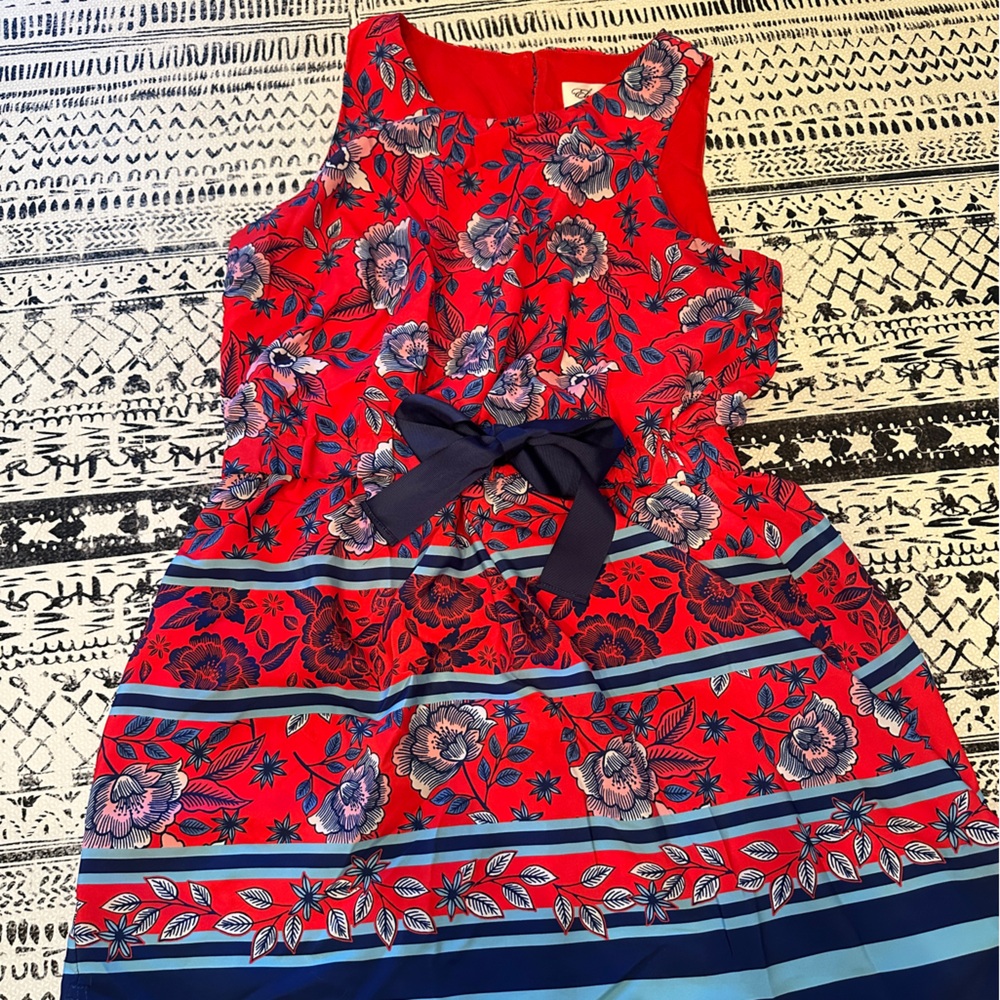 Eliza J- Red Floral Stripe dress with Navy Tie